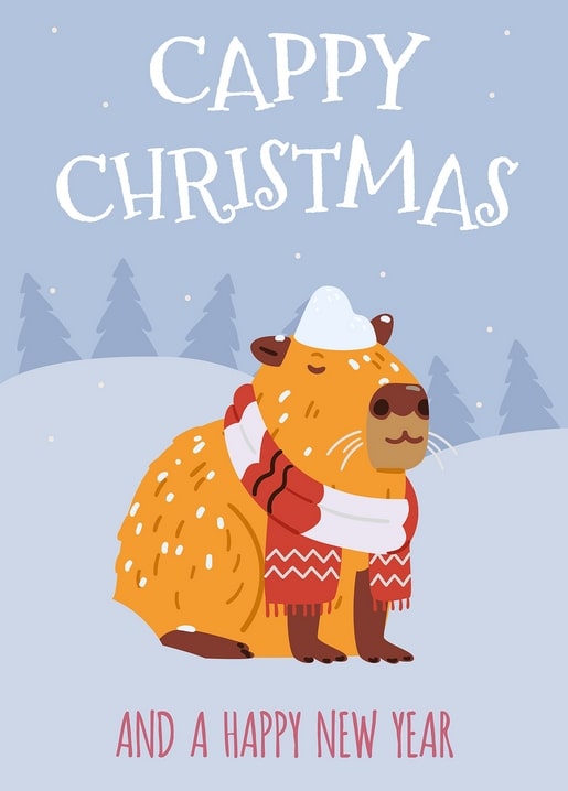 Capybara mit rotem Schal und Schnee auf dem Kopf vor blauen Tannen, Wortspiel „Cappy Christmas“