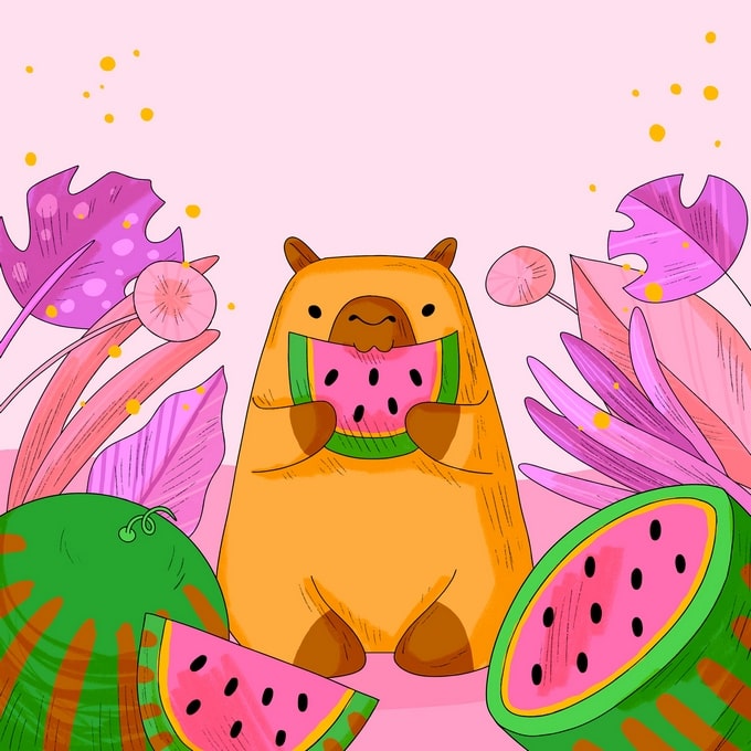 Illustrated capybara eating watermelon among pink tropical leaves