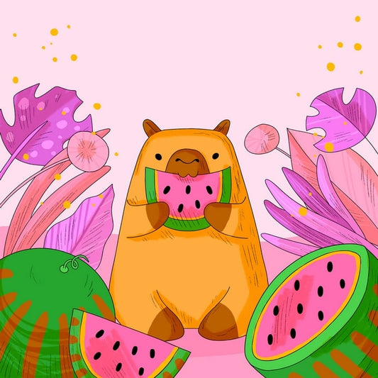 Illustrated capybara eating watermelon among pink tropical leaves