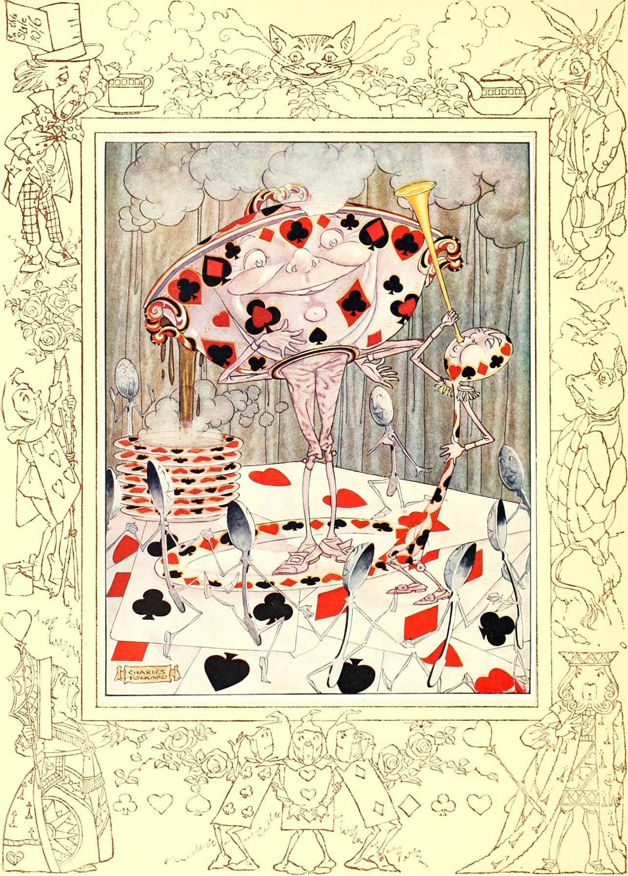 Illustration of a card-suit patterned teapot figure pouring tea, framed by an ornate decorative border, signed Charles Folkard