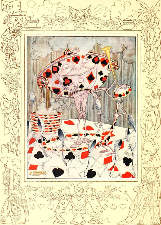 Illustration of a card-suit patterned teapot figure pouring tea, framed by an ornate decorative border, signed Charles Folkard