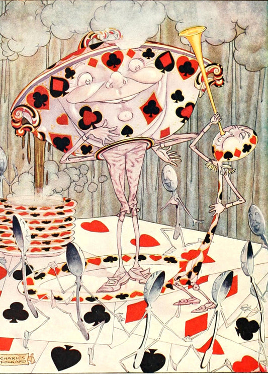 Close-up illustration of a card-suit patterned teapot figure pouring tea beside a trumpet player, without the decorative border