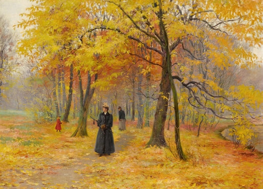 Painting of a woman and child walking a leaf-covered path under golden autumn trees