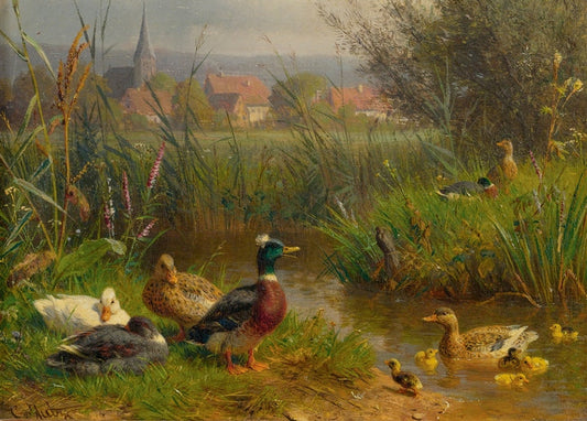 Carl Jutz painting of ducks among foxgloves with a village church steeple on the horizon