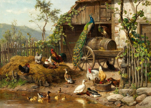 Peacock perched on a farm cart above hens, a rooster, and ducks by a vine-covered barn, painting by Carl Jutz