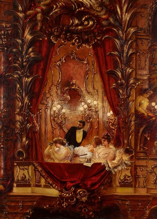 Carl Kahler painting of an opera box with women in evening gowns and gilded rococo décor
