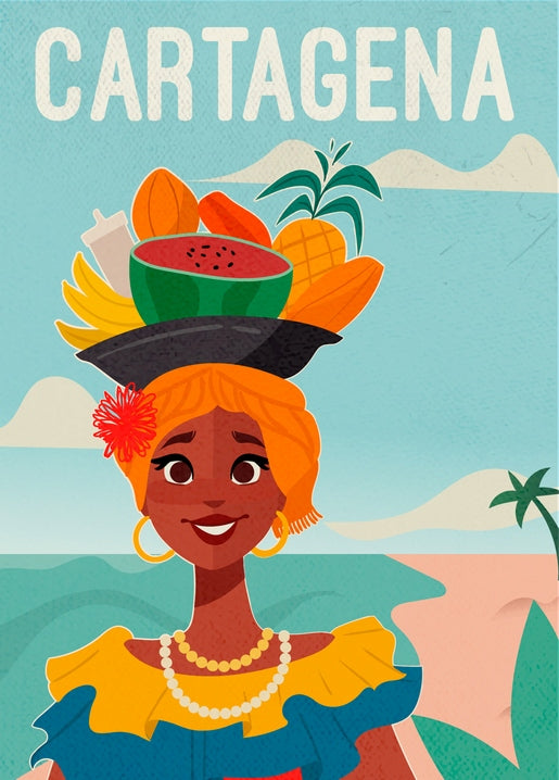 Retro illustration of a Cartagena woman balancing a bowl of tropical fruit on her head