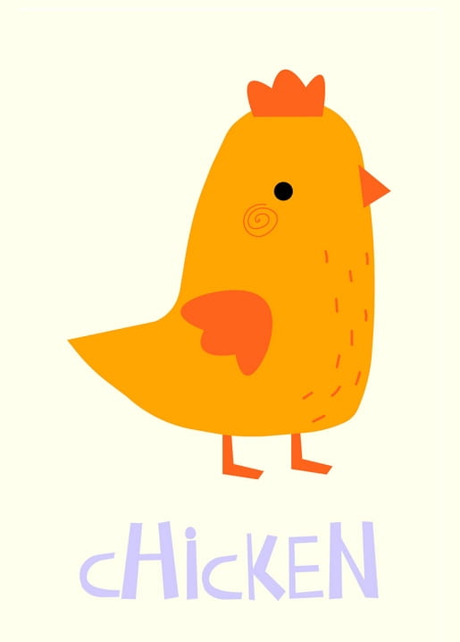Мультяшна помаранчева курка з рукописним написом «Chicken» на кремовому тлі