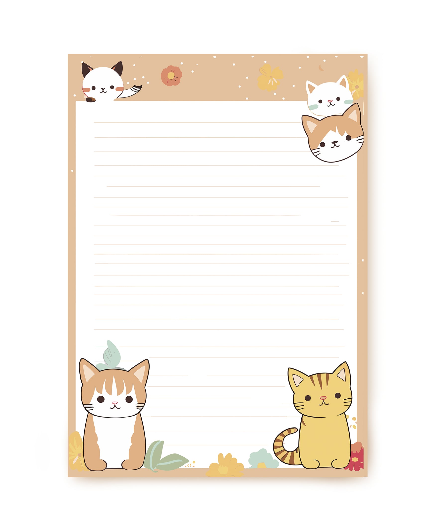 Illustrated letter paper with cartoon kittens and small flowers in the corners