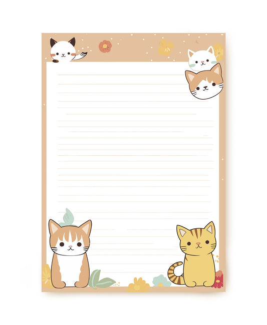 Illustrated letter paper with cartoon kittens and small flowers in the corners