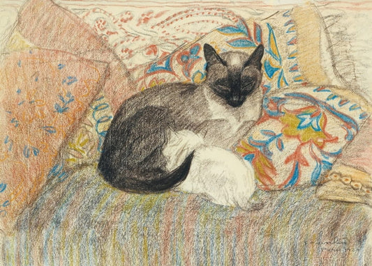 Dark-faced cat curled with a white kitten on patterned cushions, drawing by Théophile Alexandre Steinlen