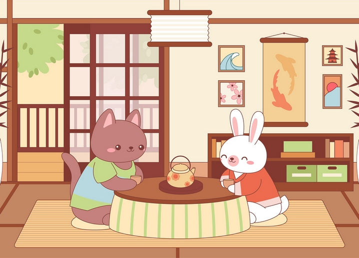 Cat and rabbit drinking tea at a low table in a cozy Japanese room