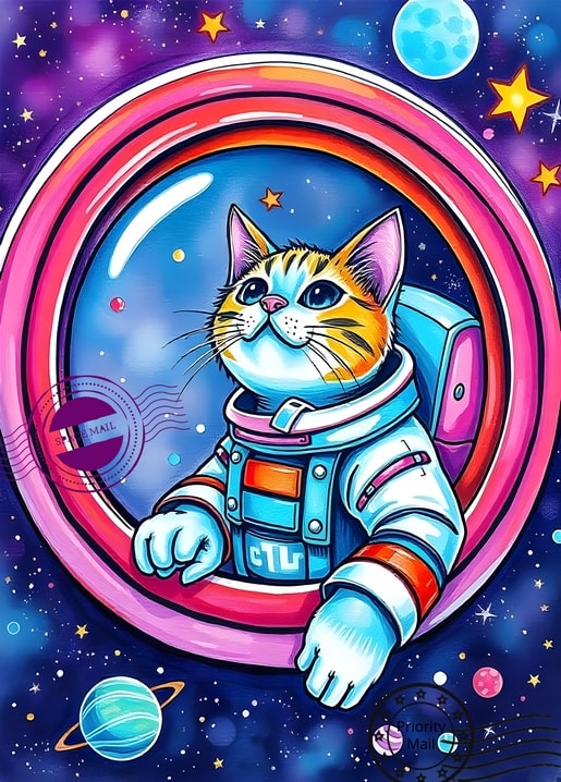 Bunte Illustration einer Astronauten-Katze, die durch ein rundes Bullauge im All blickt