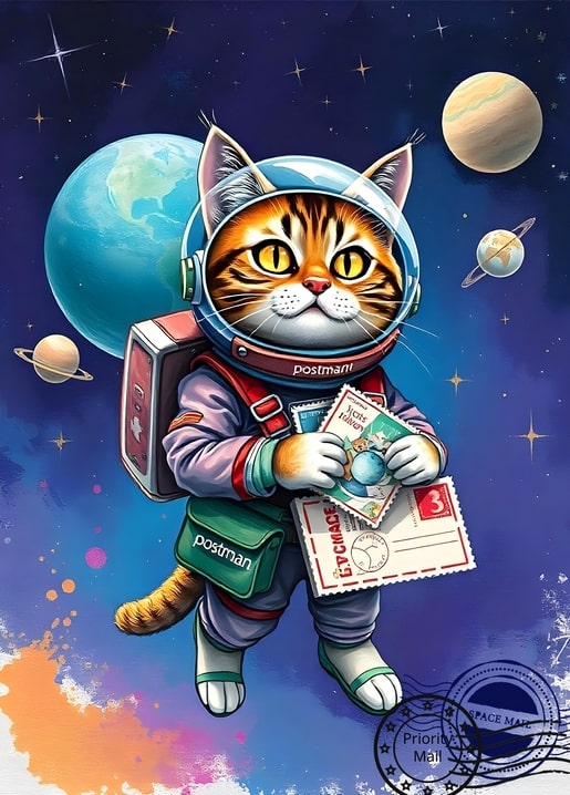 Getigerte Katze im Astronautenanzug mit „Postbote“-Patch, hält einen Brief vor Erde und Saturn