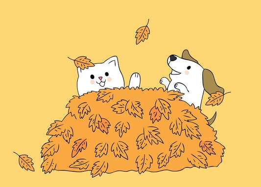 Cat and dog peeking out of a large pile of orange autumn leaves