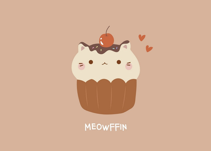 Kawaii cupcake with a cat-face frosting design, cherry on top and small hearts