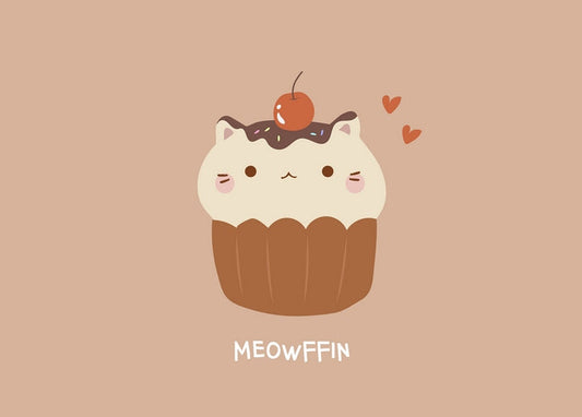Kawaii cupcake with a cat-face frosting design, cherry on top and small hearts