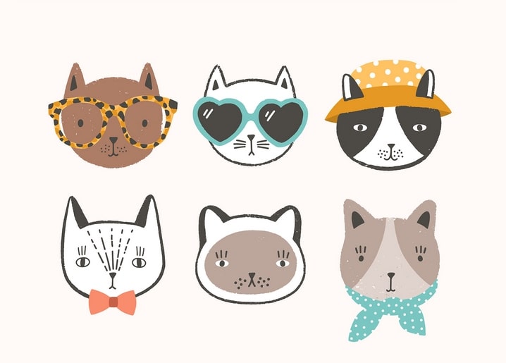 Six illustrated cat faces wearing glasses, a sun hat and a bow tie