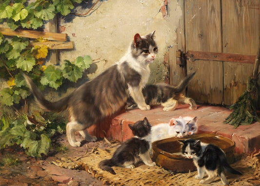 Mother cat and four kittens gather at a milk bowl by a barn door, painting by Julius Adam the younger