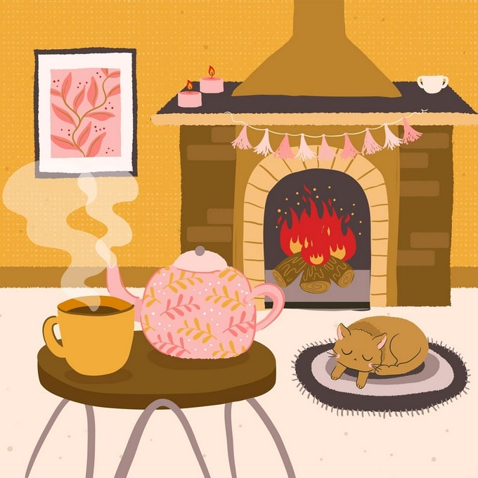Sleeping cat by a lit fireplace with a pink floral teapot and steaming mug