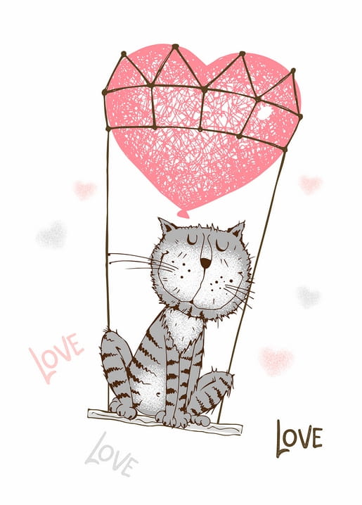 Getigerte Katze auf einer Schaukel unter einem rosa Herzballon mit handgeschriebenem „LOVE“