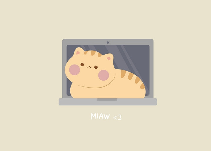 Illustrated orange tabby cat lounging on top of an open laptop screen