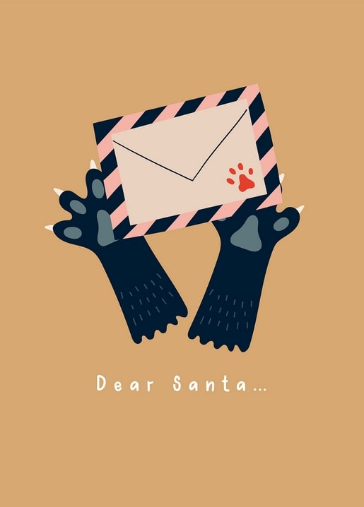 Black cat paws holding a striped envelope addressed to Santa with a red paw-print seal