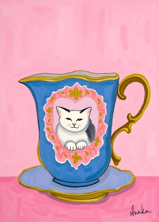 Illustration of a blue and gold teacup with a white cat portrait in a pink medallion