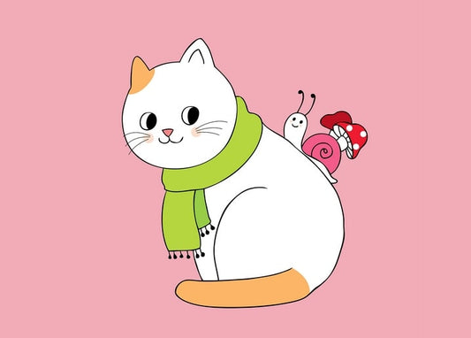White cat with a green scarf carrying a snail with a mushroom-cap shell on its back