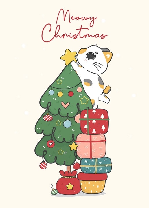 Comic-Katze setzt einen Stern auf den Weihnachtsbaum über einem Geschenkeberg, Schriftzug 'Meowy Christmas'