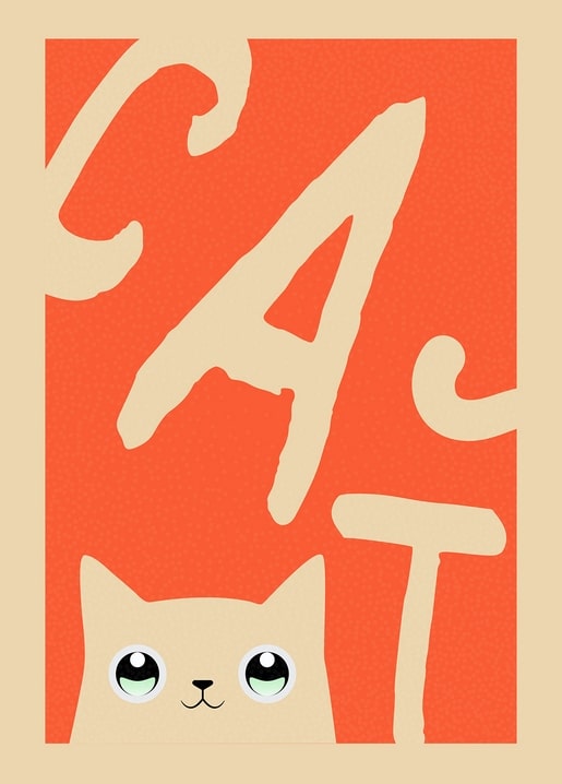 Illustrated postcard with bold ‘CAT’ lettering and a cream cat peeking from below