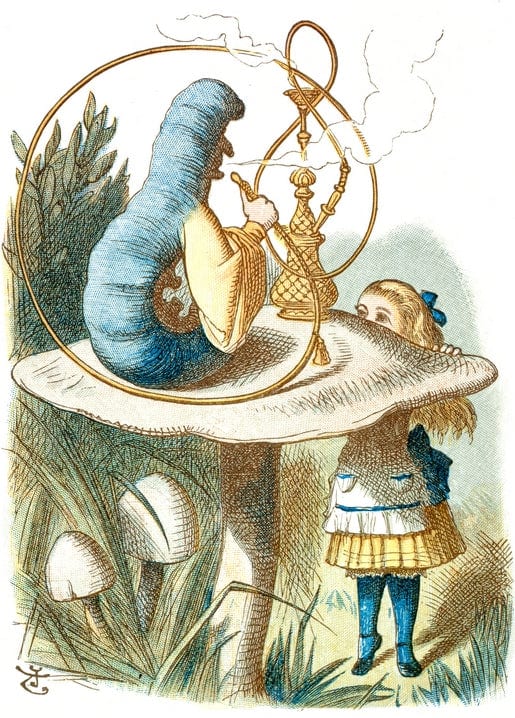 Blue caterpillar smoking a hookah on a mushroom, Alice looking up, Wonderland scene