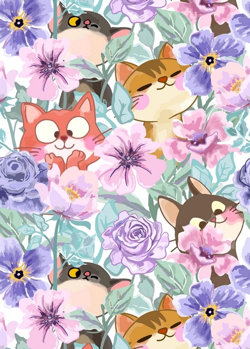 Seamless pattern of watercolor cat faces peeking through purple and pink flowers
