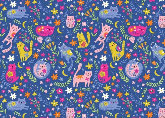 Seamless pattern of pink, yellow, and gray cats among flowers and crescent moons on blue