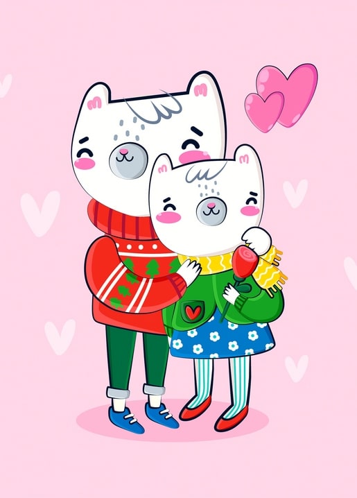 Illustrierte Katzen-Mutter und Kind umarmen sich unter Herzen auf rosa Winterhintergrund