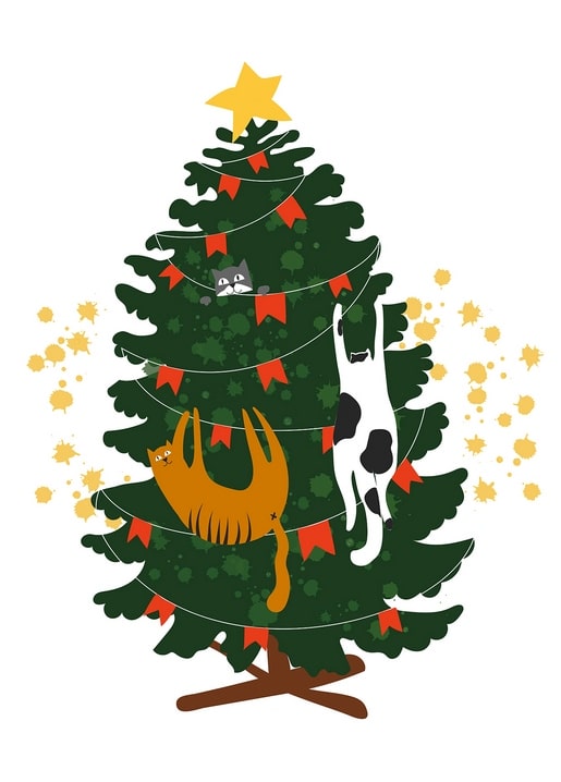 Orange tabby, black-and-white cat and raccoon playing in a Christmas tree illustration
