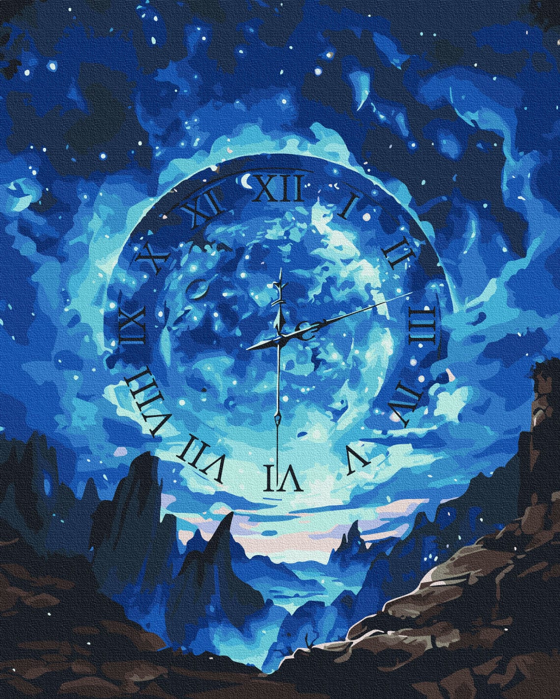 Giant glowing clock face with Roman numerals hovering over a moonlit mountain canyon