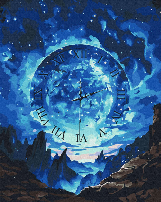 Giant glowing clock face with Roman numerals hovering over a moonlit mountain canyon