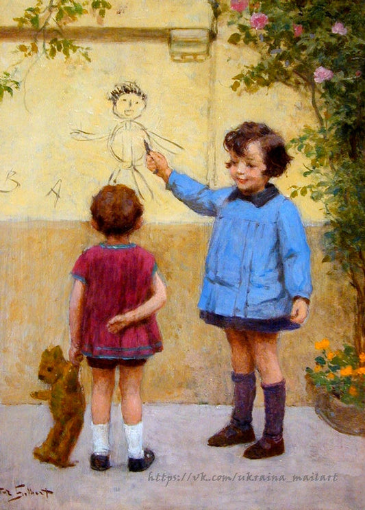 Zwei Mädchen zeichnen mit Kreide an einer Hofmauer, eines hält einen Teddybären, von Victor Gabriel Gilbert