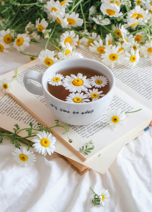 Cup of chamomile tea with floating daisies on an open book surrounded by scattered daisy flowers