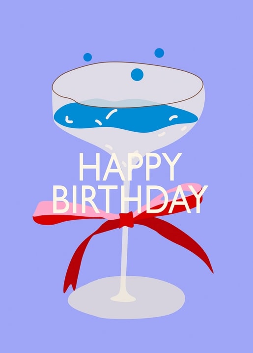 Minimalist illustration of a champagne coupe wrapped in a ribbon bow with Happy Birthday text on lavender background