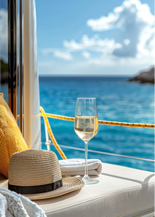 Champagne glass, straw hat and towels on a yacht deck by the sea