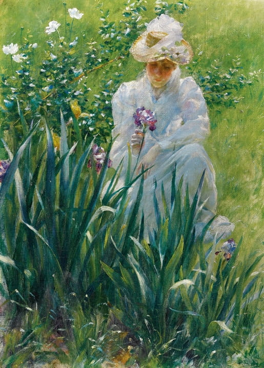 A woman in white picks purple irises in a garden — Charles Courtney Curran's The Iris Bed.