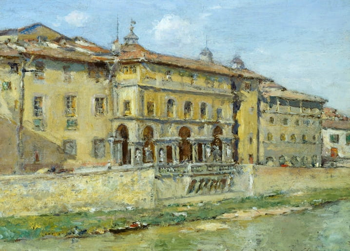 Ochre palazzo along a riverbank in Florence, painting by William Merritt Chase