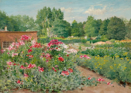 Red and pink flower beds beside a cottage in Central Park, painting by William Merritt Chase