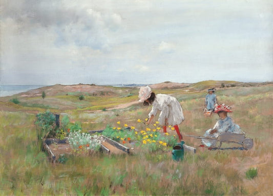 Woman gathering flowers in a dune-top garden bed at Shinnecock, painting by William Merritt Chase