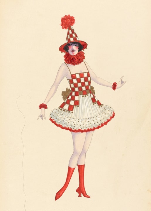 Vintage-Illustration einer Frau im rot-weiß karierten Harlekin-Kostüm von Will R. Barnes