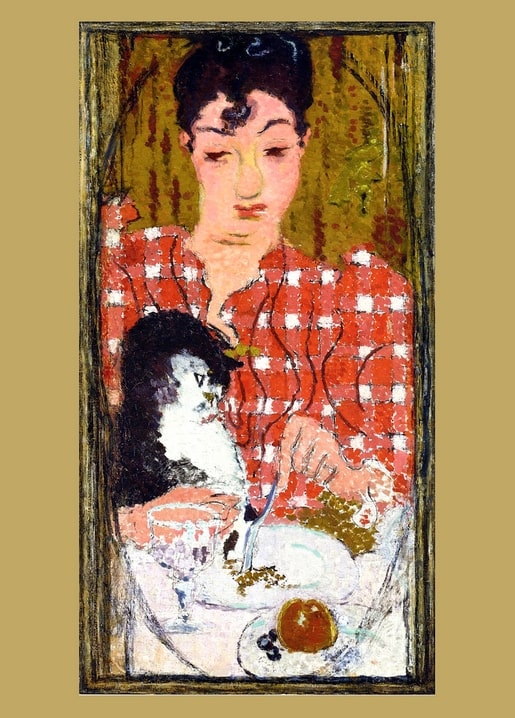 Bonnard portrait of a woman in a red-checked blouse with a black-and-white cat, wine glass and apple