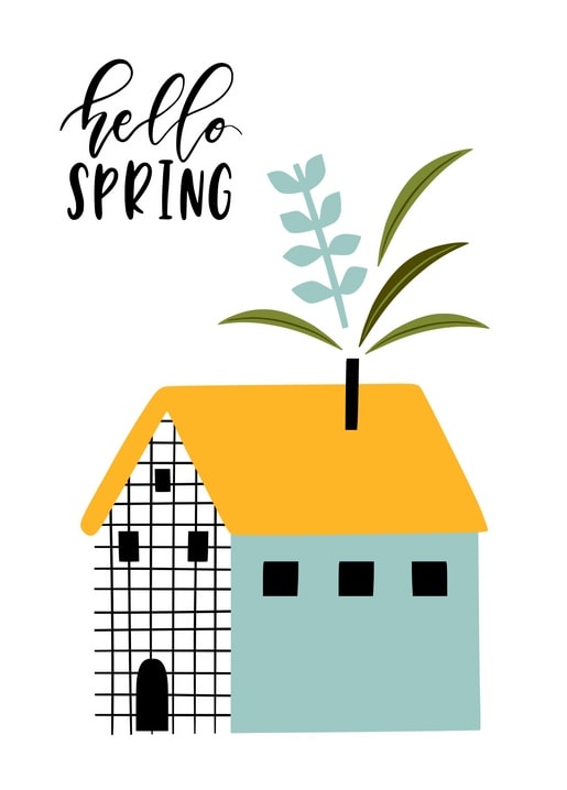 Illustrated postcard of a checkered cottage with a leafy sprig growing from the chimney and hand-lettered 'hello Spring'