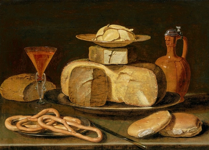Baroque still-life painting of cheese, bread, pretzels and wine by Clara Peeters